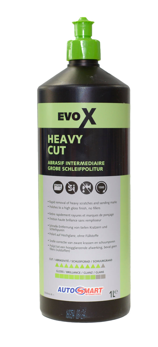 Evo X - Heavy Cut Compound 1LtrHeavy Cut Compound Designed for the rapid removal of heavy scratches and sandpaper marks up to P1200: Unbeatable scratch removal with a high-quality finish Diminishing abrasive for fast cutting action and a high gloss finish