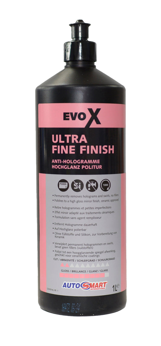 Evo X - Ultra Fine Finishing Polish 1LtrUltra-Fine finishing polish Designed for paintwork with fine scratches or holograms and sandpaper marks to P3000. Ultra fine finish polish, for the permanent removal of holograms, micro scratches and hazing. Leaves