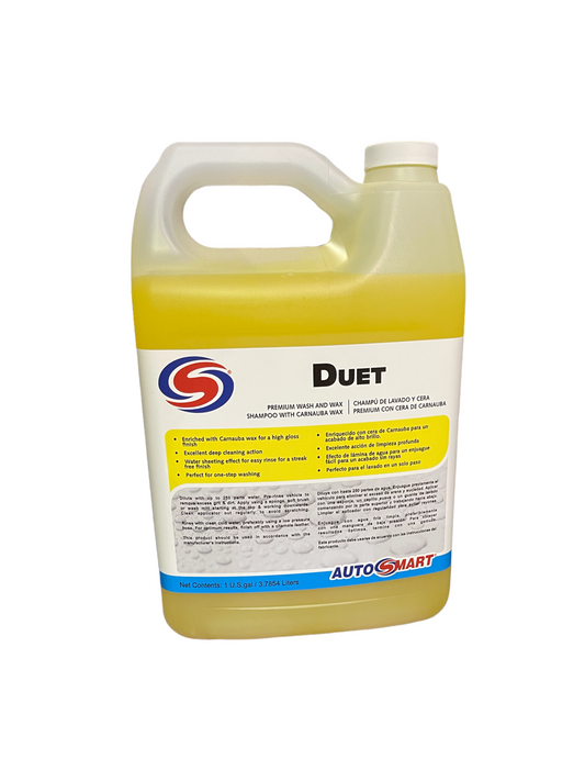 Duet - Premium Wash and Wax Shampoo 1galA pH neutral, superior wash and wax concentrate product which has an excellent deep cleaning action for removing dirt and traffic film. Leaves a high wax, high gloss finish on paintwork, giving protection against th