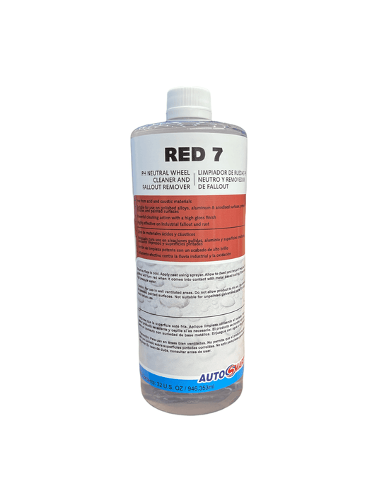 Red 7 - pH Neutral Iron Remover 1qtRed 7 is a highly effective, low odor, pH neutral wheel cleaner and fallout remover that turns red on contact with metal particles, such as fallout and brake dust. Added gloss enhancers leave metal surfaces looking like
